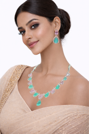 Miyora MYJ25004 statement necklace set cubic zirconia Baby Pink & Sea Green Front 6 cubic zirconia necklace and earrings set