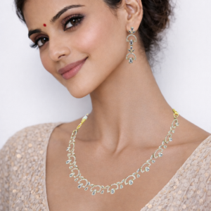 Miyora MYJ25011 statement necklace set cubic zirconia white front 6 radiant necklace and earrings set