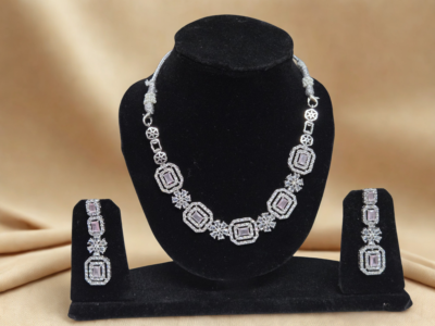 Miyora MYJ25012 statement necklace set cubic zirconia Light Pink front. Necklace and Earrings Set